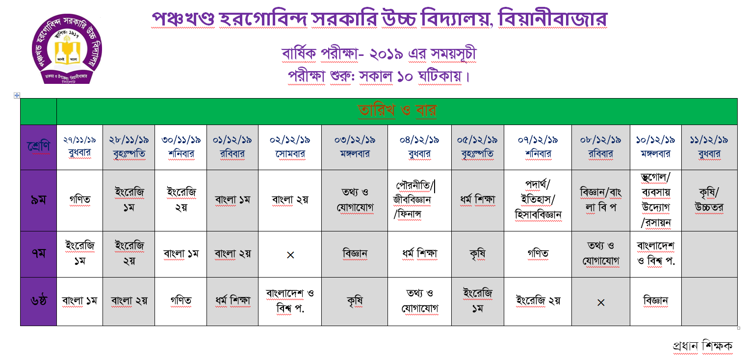 পঞ্চখণ্ড হরগোবিন্দ সরকারি উচ্চ বিদ্যালয় এর বার্ষিক পরীক্ষার সময় সূচী প্রকাশিত: